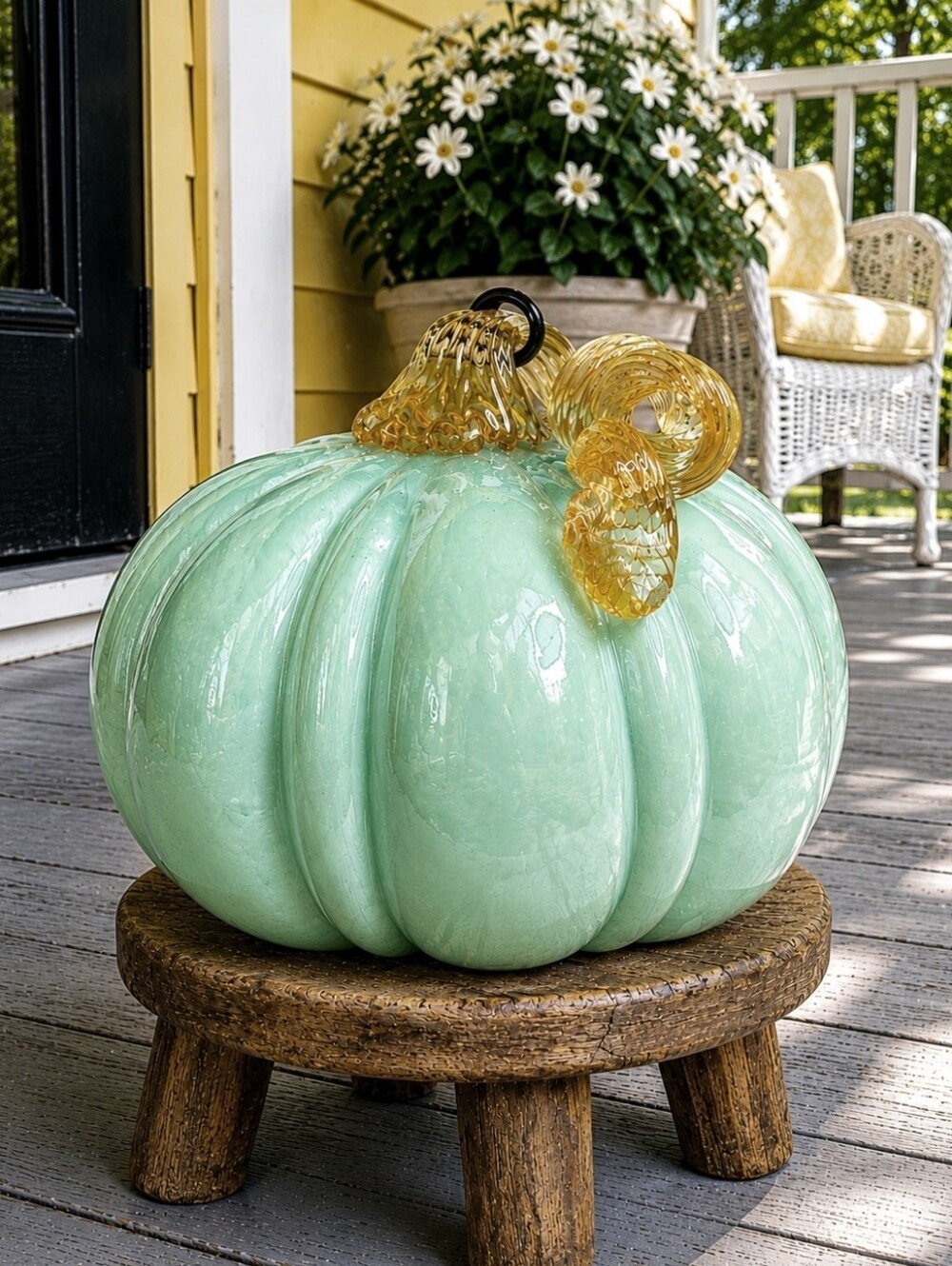 Christian Siriano Art Glass Spun Gold Stalk Pumpkin Light Green Jadeite Gold NWT